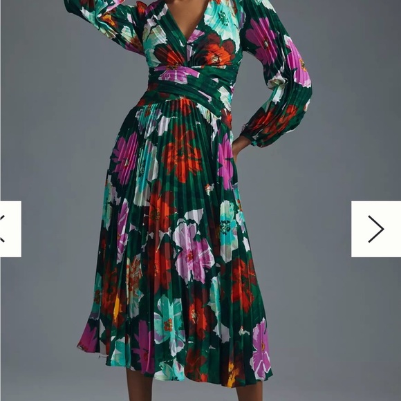 Anthropologie Floral Pleated V-Neck Long Sleeve Dress 14 - Picture 1 of 7